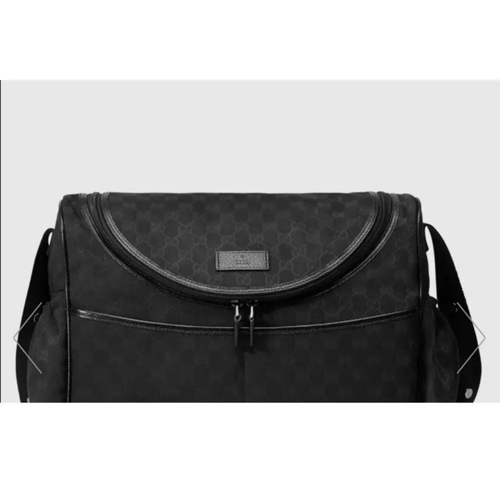 Gucci GG Black Diaper Nappy Baby Bag Canvas/Leather Trim w/Changing Mat Lsaja